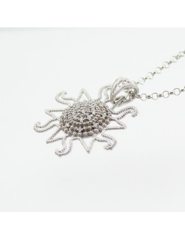 Sardinian silver filigree necklace with sun corbula pendant with cubic zirconia