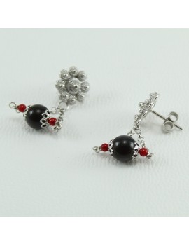 Sardinian silver filigree women's earrings with obsidian and coral pendant on coccu