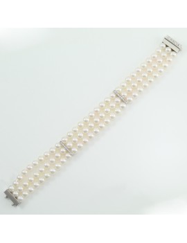 Bracciale tre file perle akoya bianche naturali 5,5 6 mm e diamanti