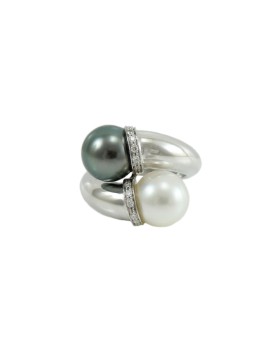 Women's white gold ring gray Tahitian pearl and white Australian contrarié with diamonds