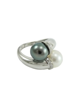 White gold women's ring Tahiti gray pearl and white Australian contrarié with diamonds Thigh