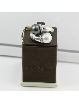 White gold women's ring gray Tahitian and white Australian pearl with diamonds Thigh