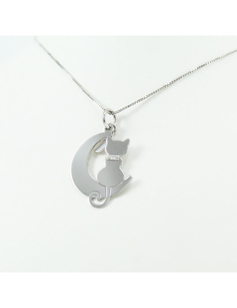 Collana con pendente gatto su mezza luna in argento 925‰