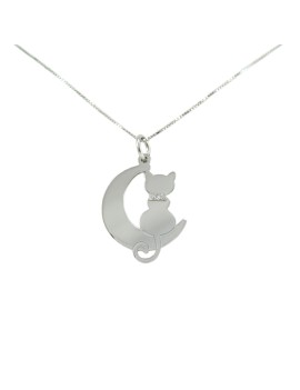 Collanina con pendente gatto sulla luna in argento con collare glitterato