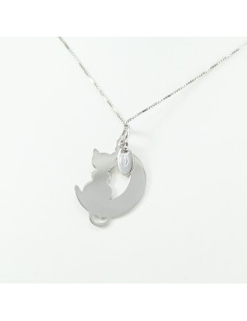 Collana con pendente gatto su mezza luna in argento 925‰