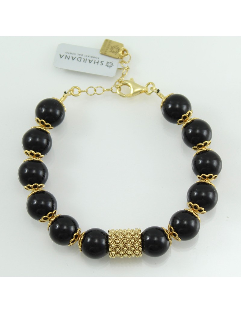 Bracciale portafortuna Su Coccu sfere onice e filigrana d'argento dorato