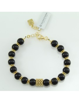 Bracciale portafortuna Su Coccu sfere onice e filigrana d'argento dorato 8 mm