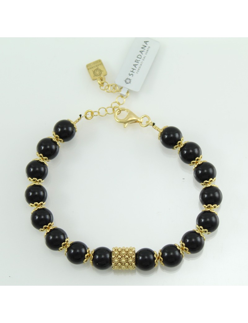 Bracciale portafortuna Su Coccu sfere onice e filigrana d'argento dorato 8 mm