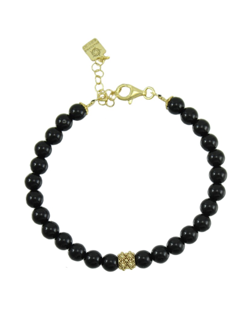 Bracciale portafortuna Su Coccu sfere onice e filigrana d'argento dorato 6 mm