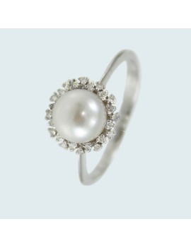 Anello donna oro bianco perla Akoya bianca 7 mm con diamanti Coscia